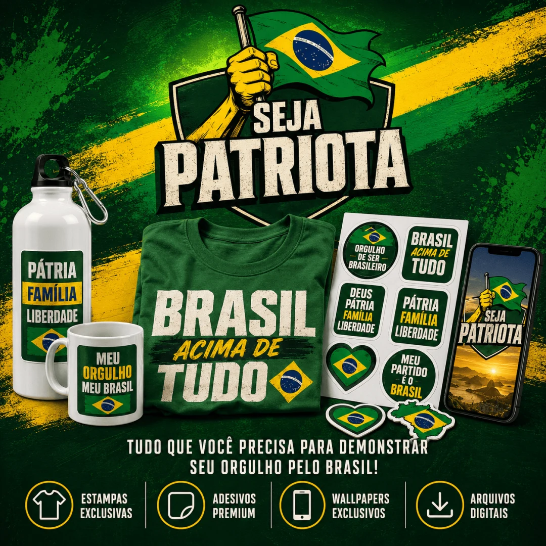 Kit Seja Patriota: garrafa, caneca, camiseta estampada, folha de adesivos e wallpaper no celular